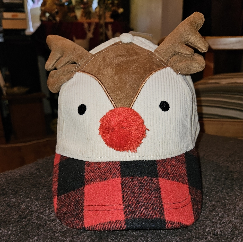 Red Nose Reindeer Adjustable Baseball Cap With Antlers